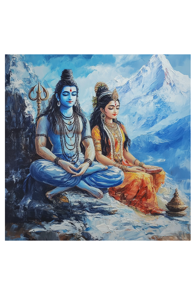 Mythology Shiva and Parvati Water Colour on Canvas with Frame | Home Decor and Wall Art