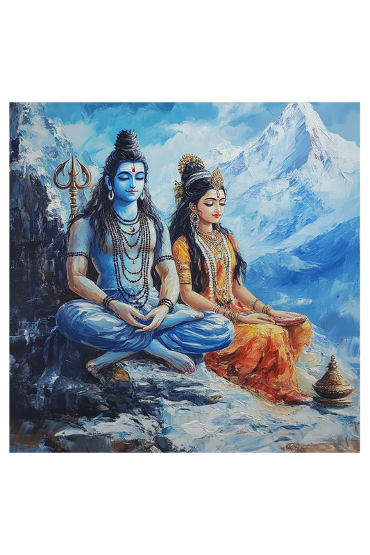 Mythology Shiva and Parvati Water Colour on Canvas with Frame | Home Decor and Wall Art