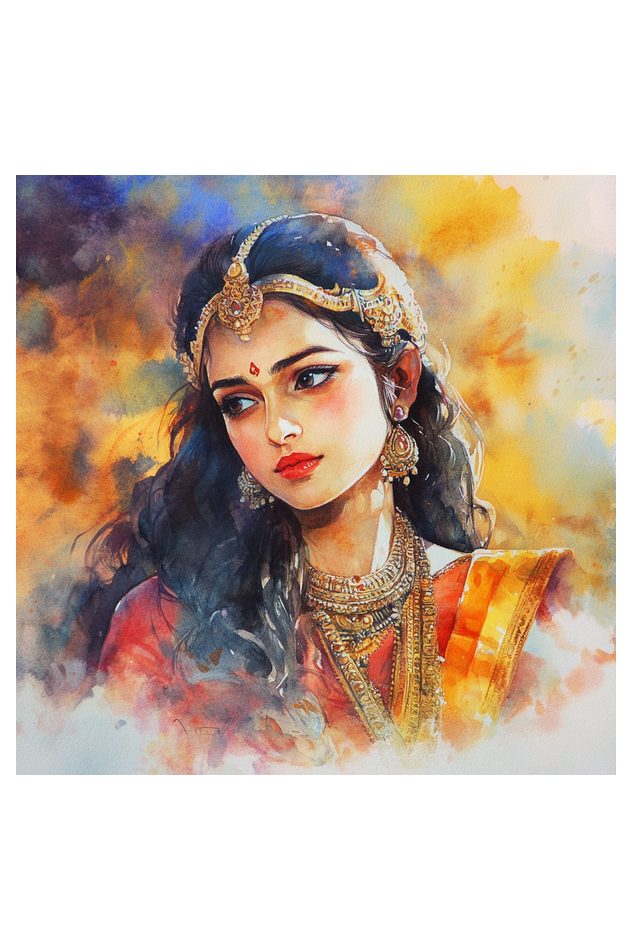 Mythology Draupadi Front Facing Oil Painting on Canvas with Frame | Home Decor and Wall Art