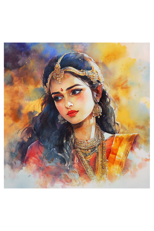 Mythology Draupadi Front Facing Oil Painting on Canvas with Frame | Home Decor and Wall Art