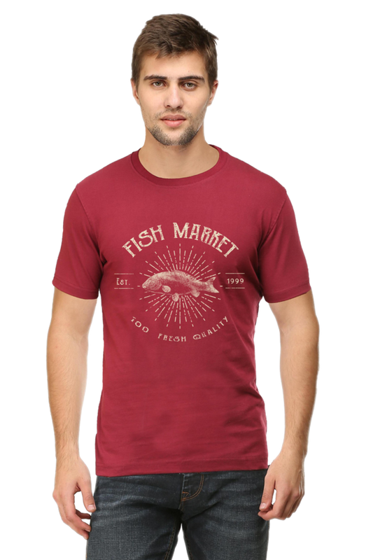 Unisex Round Neck Half Sleeve Retro Fish Market T Shirt