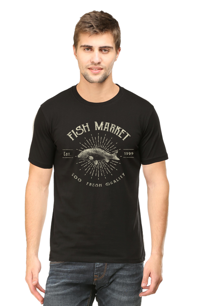 Unisex Round Neck Half Sleeve Retro Fish Market T Shirt