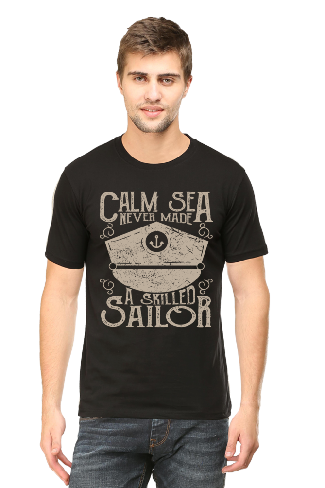 Unisex Round Neck Half Sleeve Retro Calm Sea T Shirt