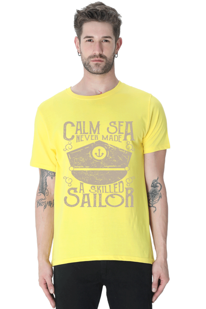 Unisex Round Neck Half Sleeve Retro Calm Sea T Shirt