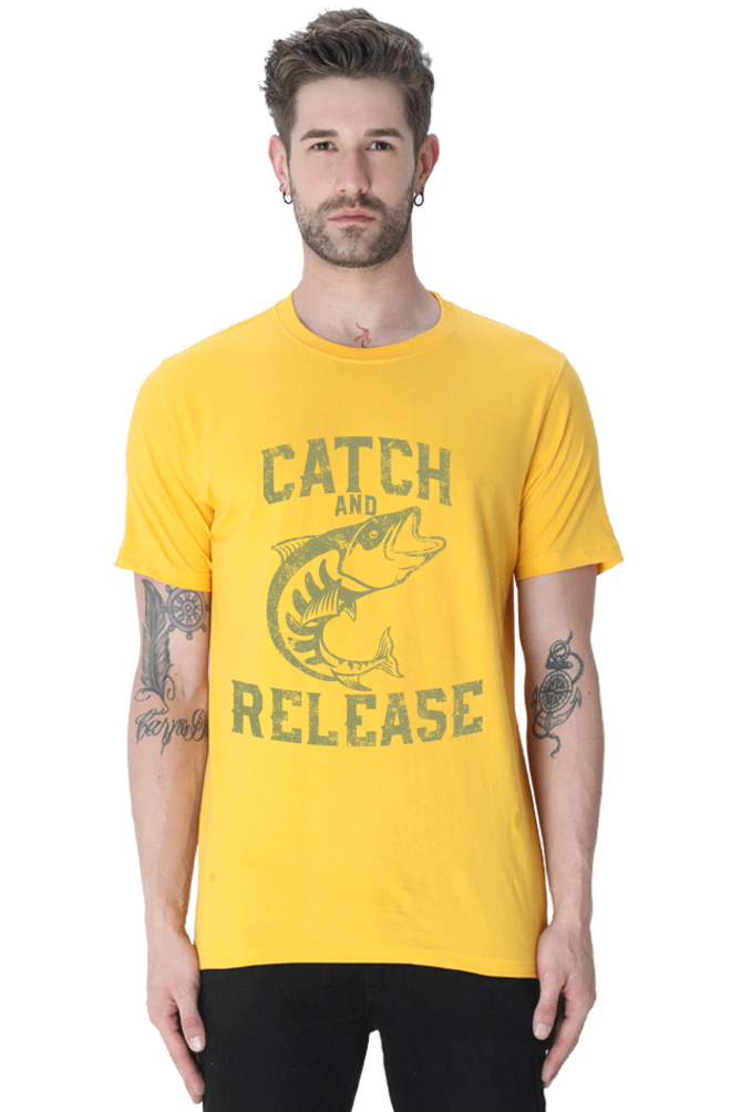 Unisex Round Neck Half Sleeve Retro Catch & Release T Shirt