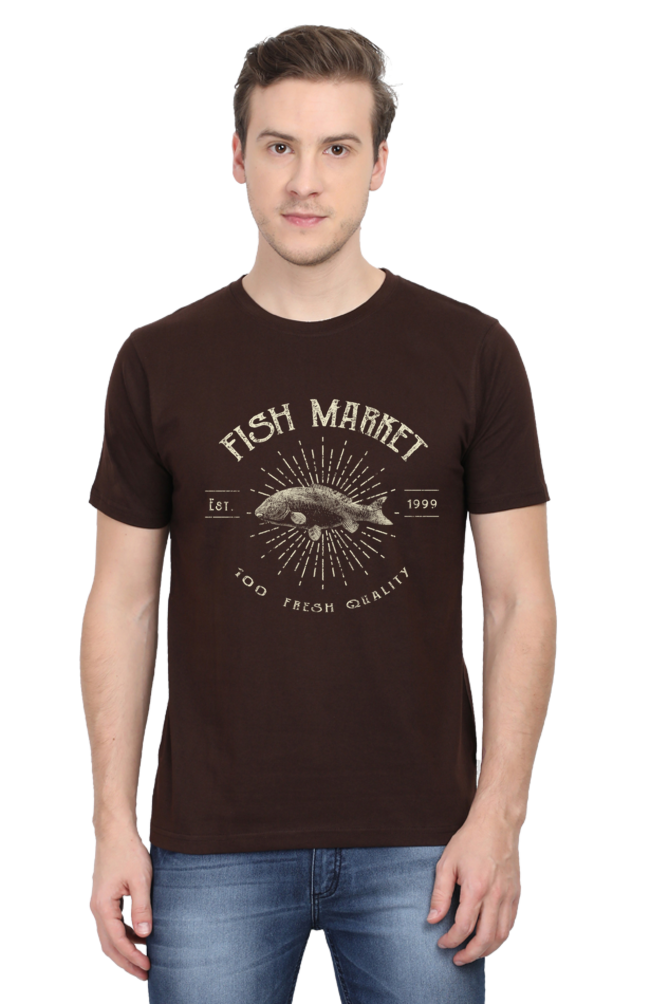 Unisex Round Neck Half Sleeve Retro Fish Market T Shirt