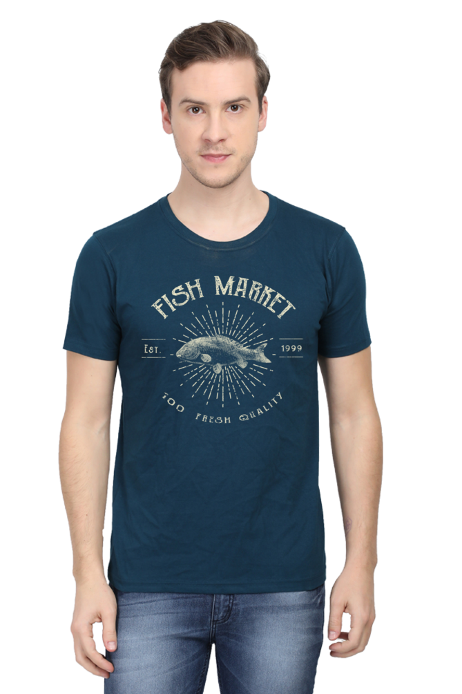 Unisex Round Neck Half Sleeve Retro Fish Market T Shirt