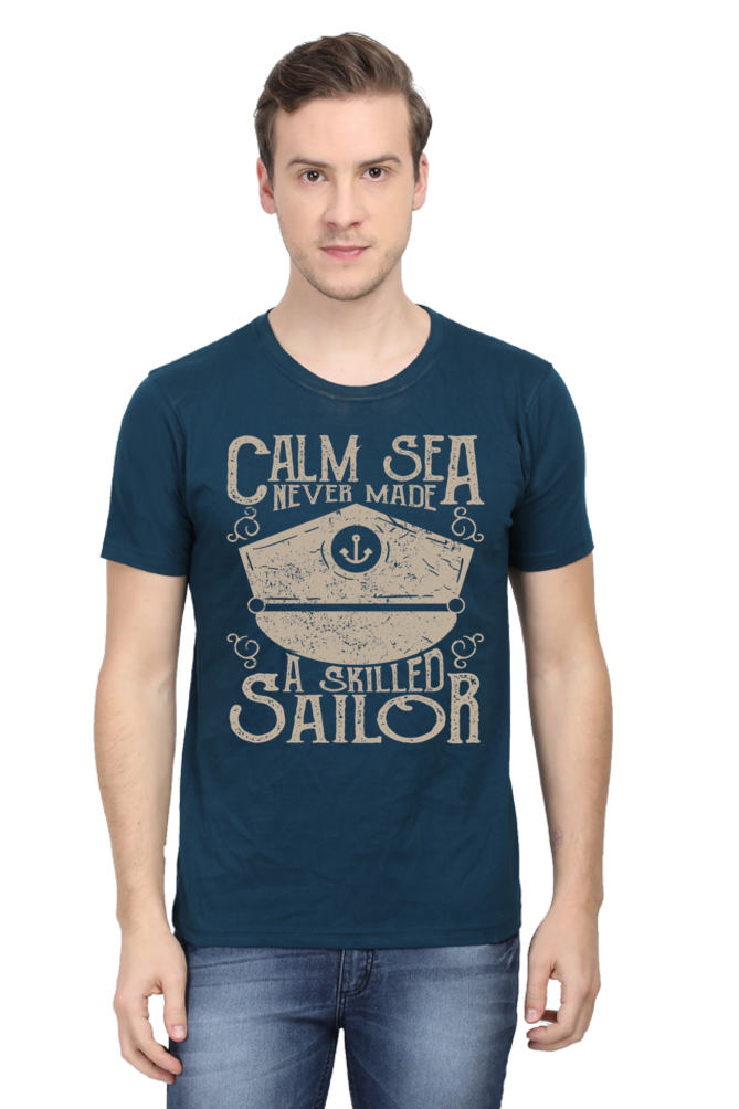 Unisex Round Neck Half Sleeve Retro Calm Sea T Shirt