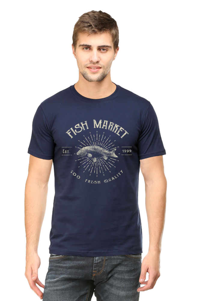 Unisex Round Neck Half Sleeve Retro Fish Market T Shirt