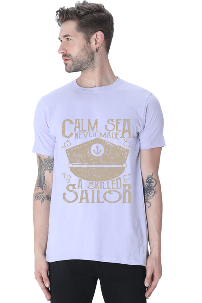 Unisex Round Neck Half Sleeve Retro Calm Sea T Shirt