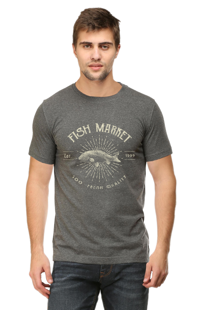 Unisex Round Neck Half Sleeve Retro Fish Market T Shirt